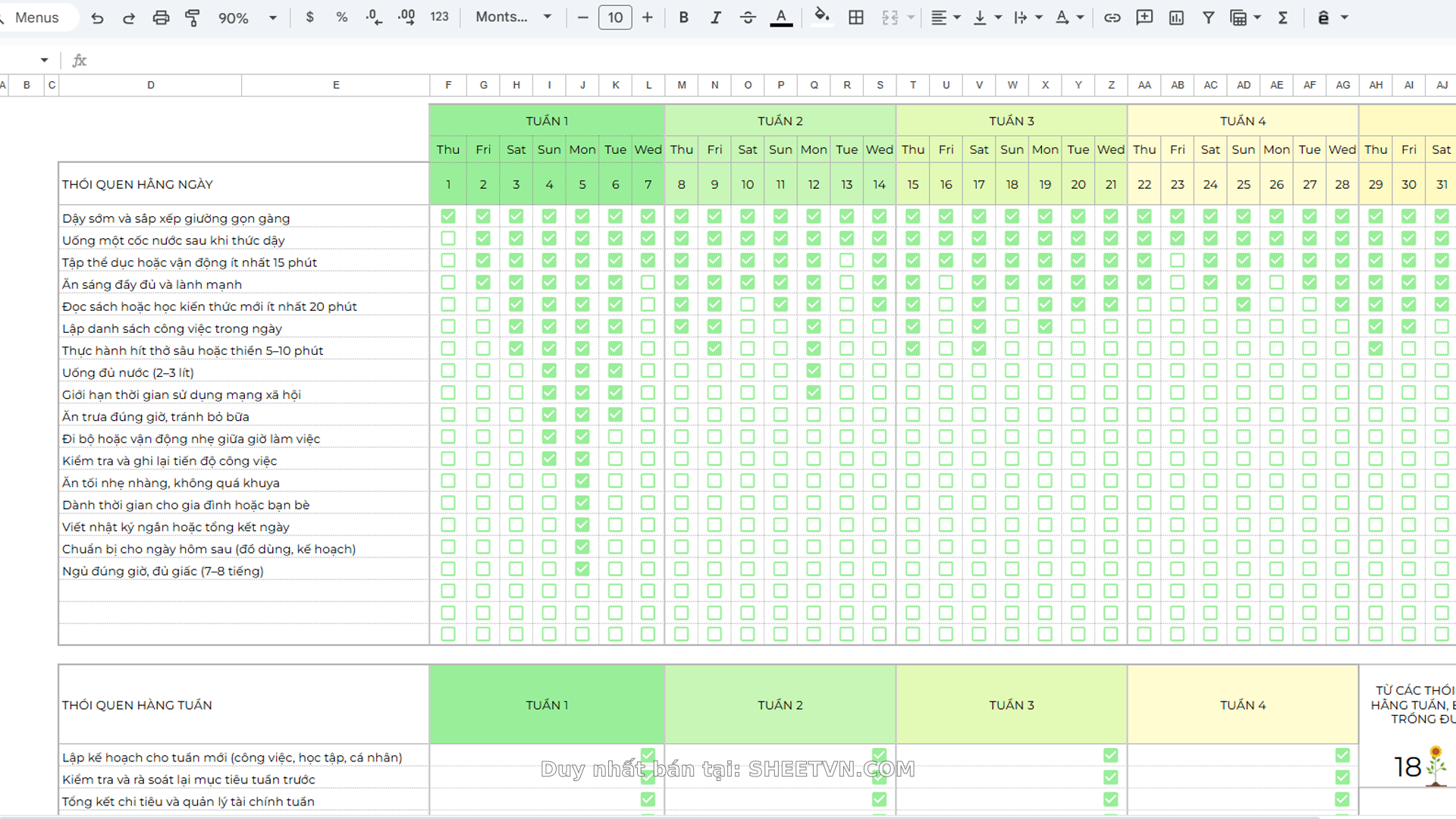 Sheet quản lý thói quen