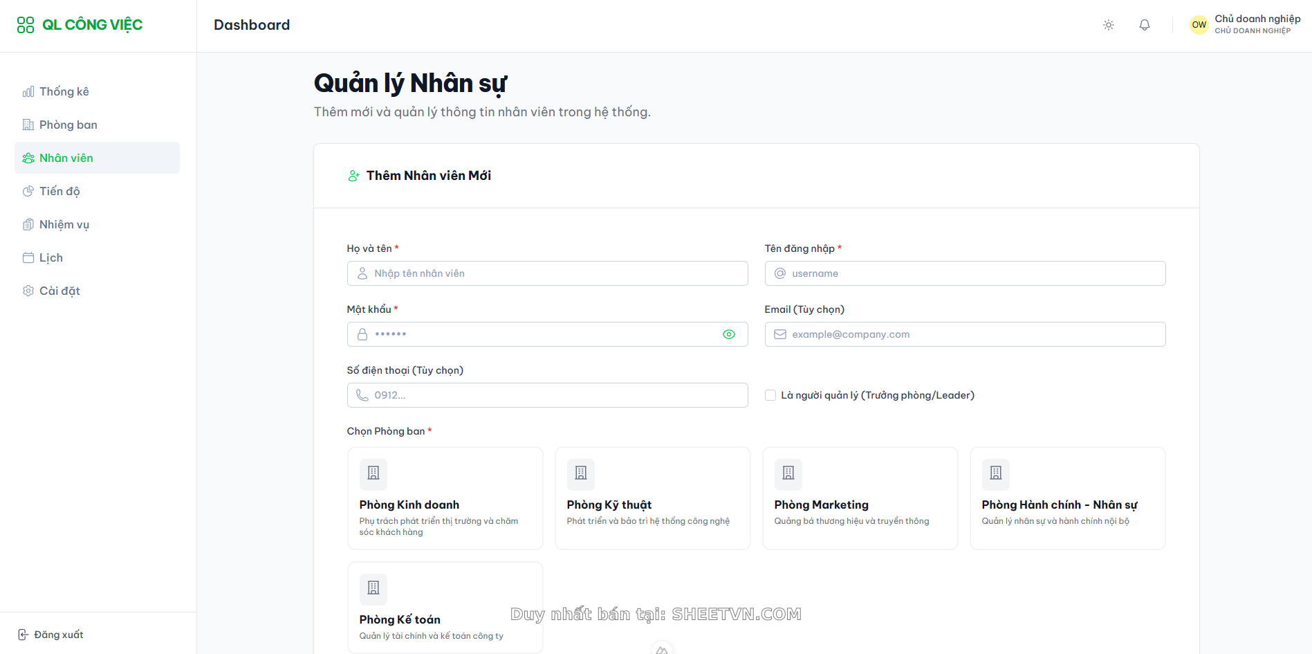 Giao diện quản lý công việc