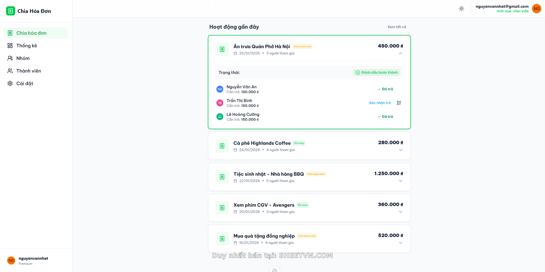 Giao diện chia sẻ hóa đơn