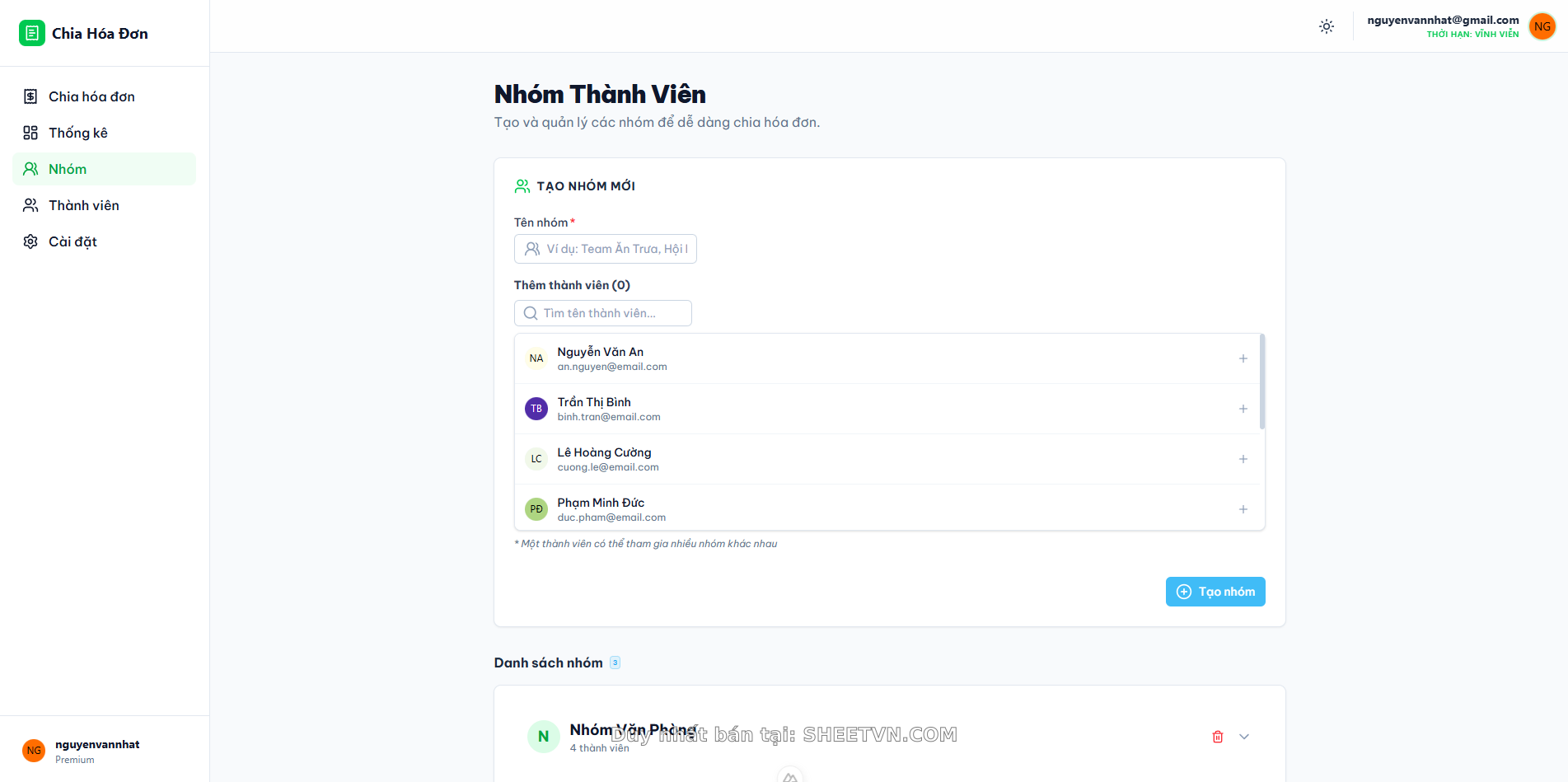 Giao diện quản lý nhóm
