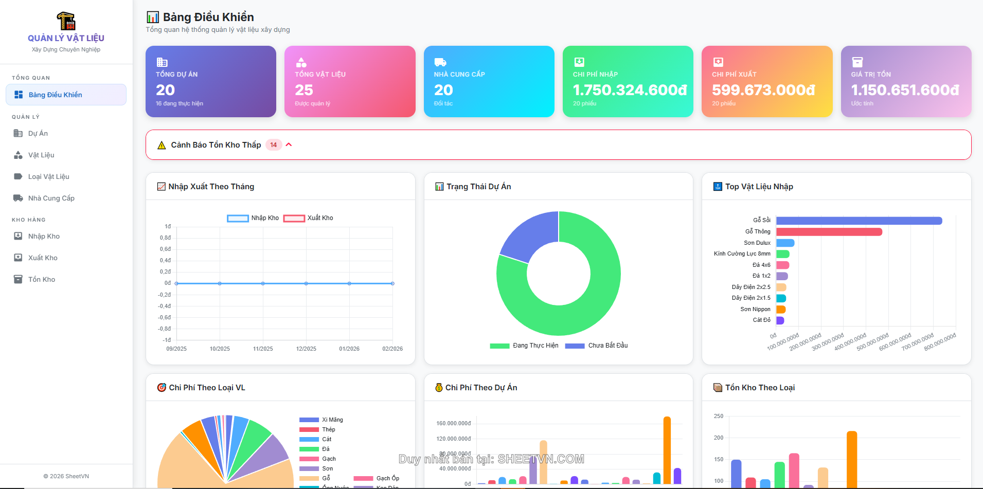 Giao diện Dashboard App Script Quản Lý Vật Liệu