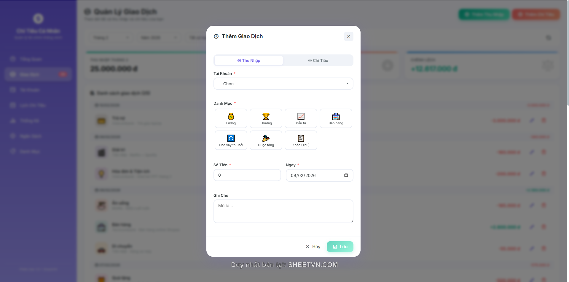 Giao diện lịch chi tiêu