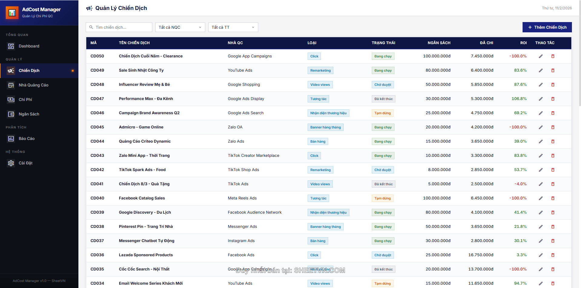 Quản lý nhà quảng cáo AdCost Manager