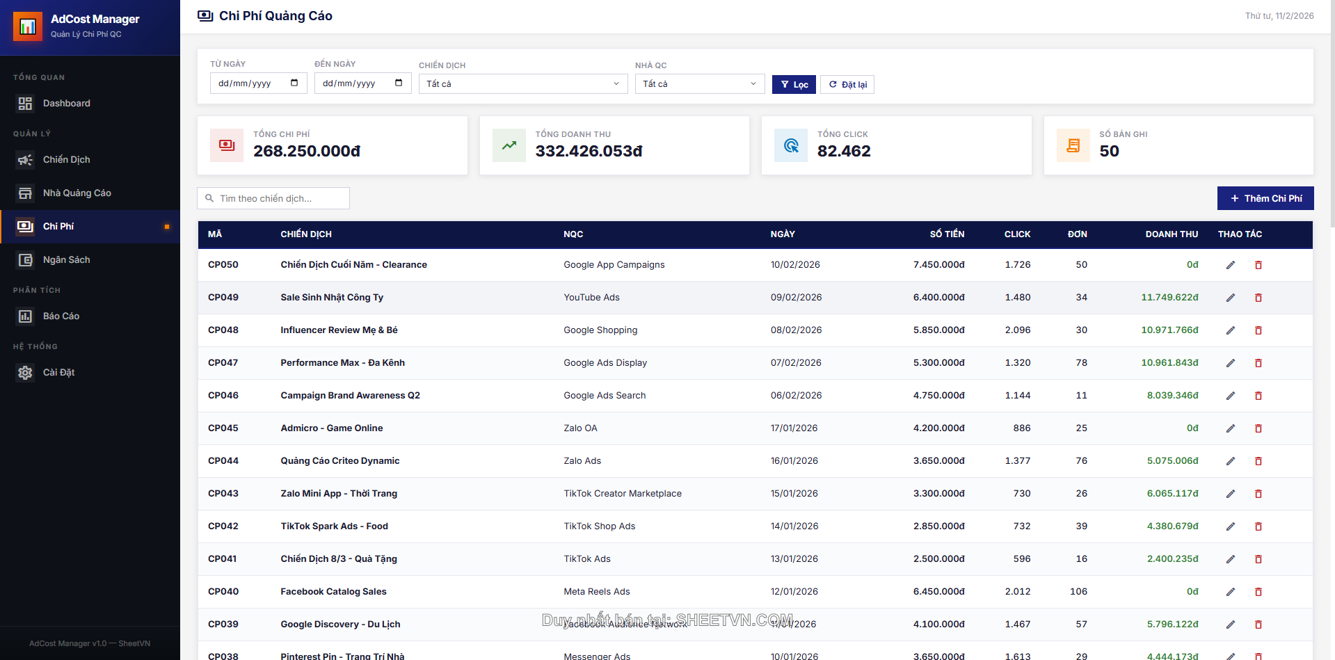 Báo cáo và phân tích AdCost Manager