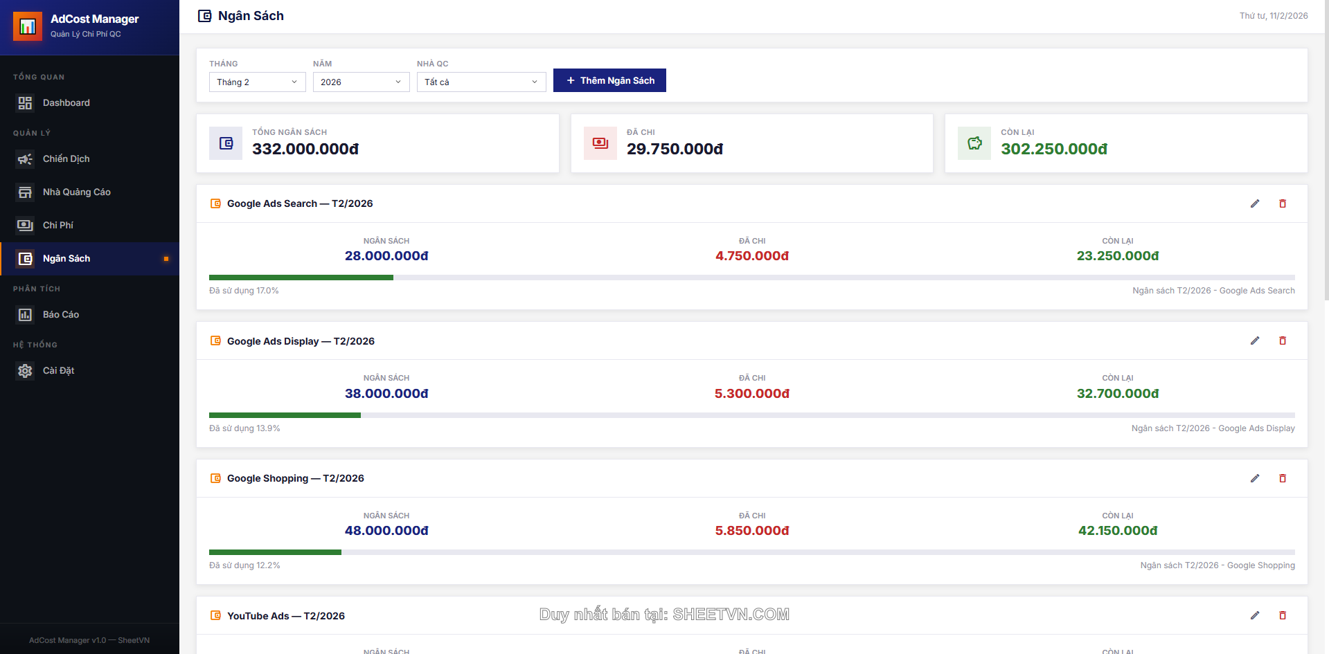 Quản lý ngân sách AdCost Manager