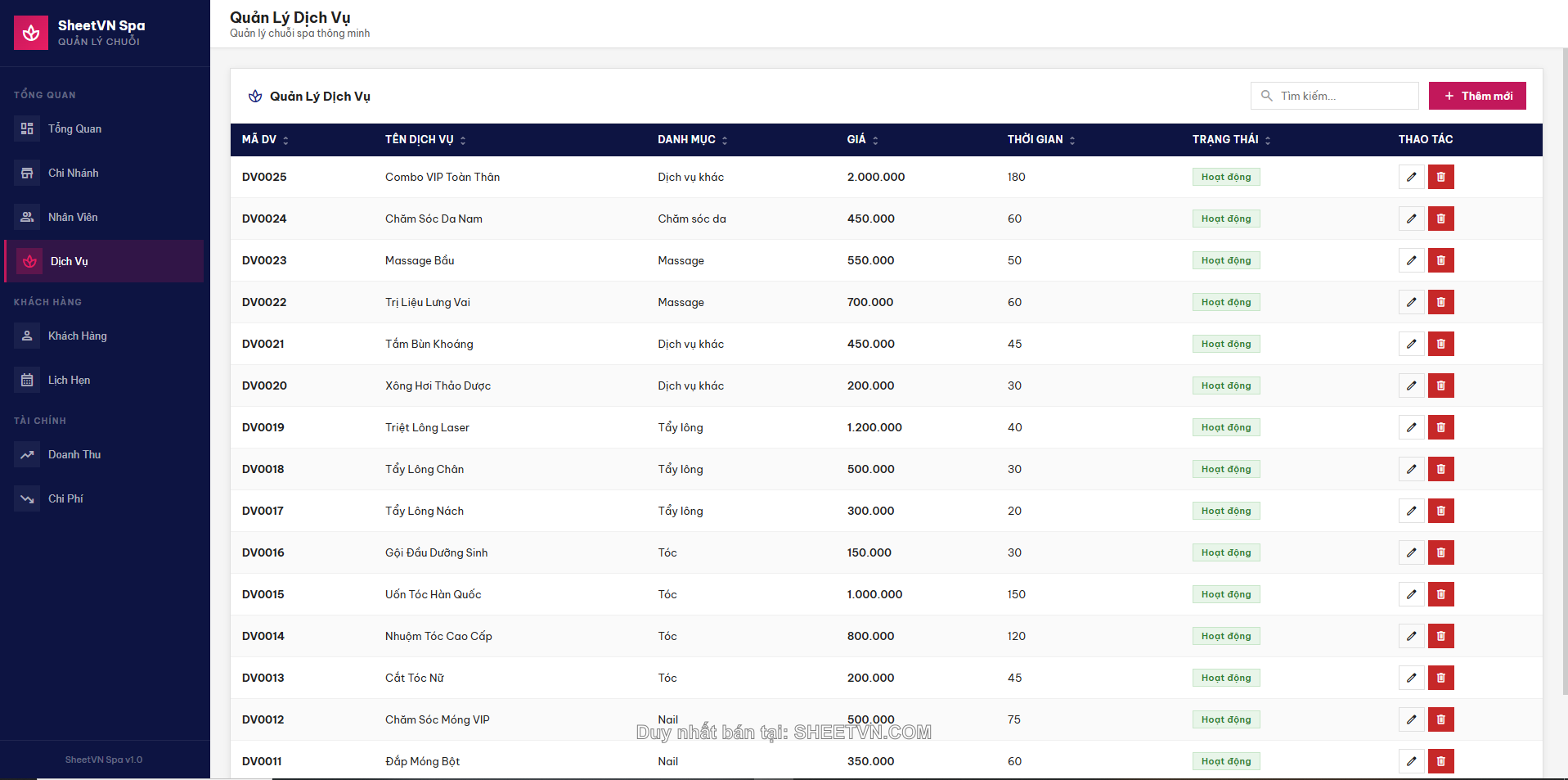 Báo cáo doanh thu SheetVN Spa