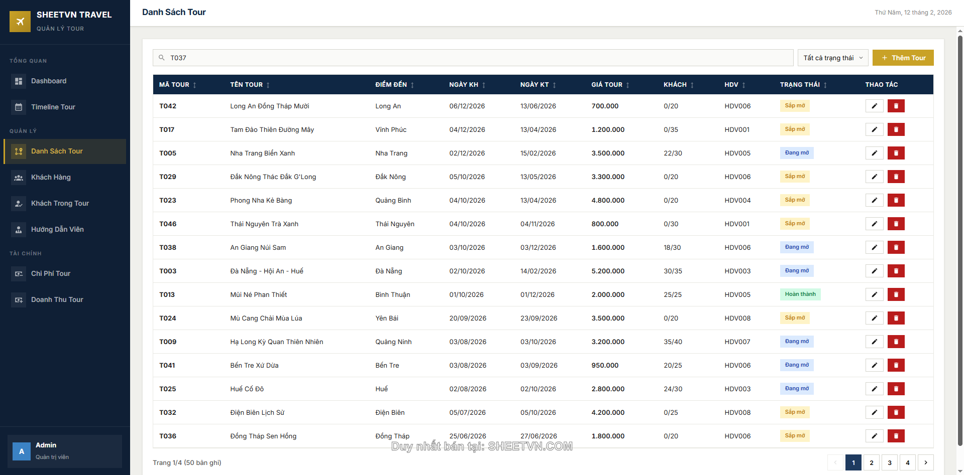 Quản lý doanh thu và chi phí SheetVN Travel