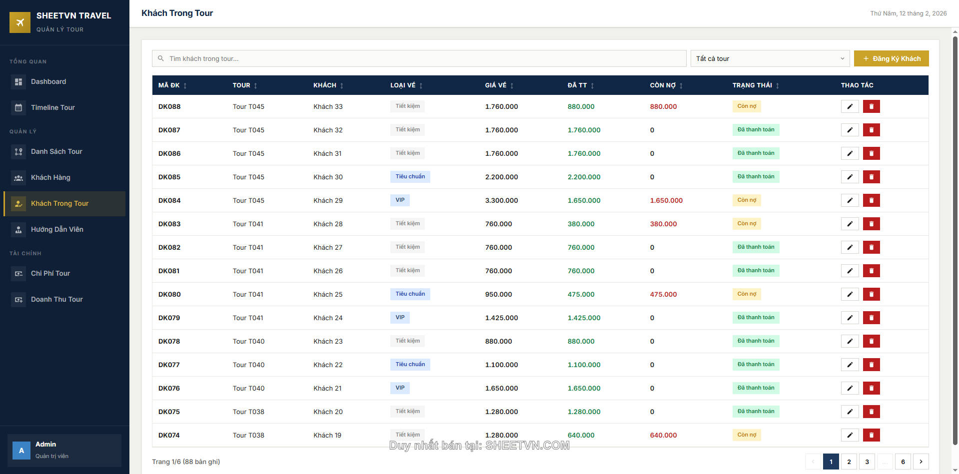 Quản lý hướng dẫn viên SheetVN Travel