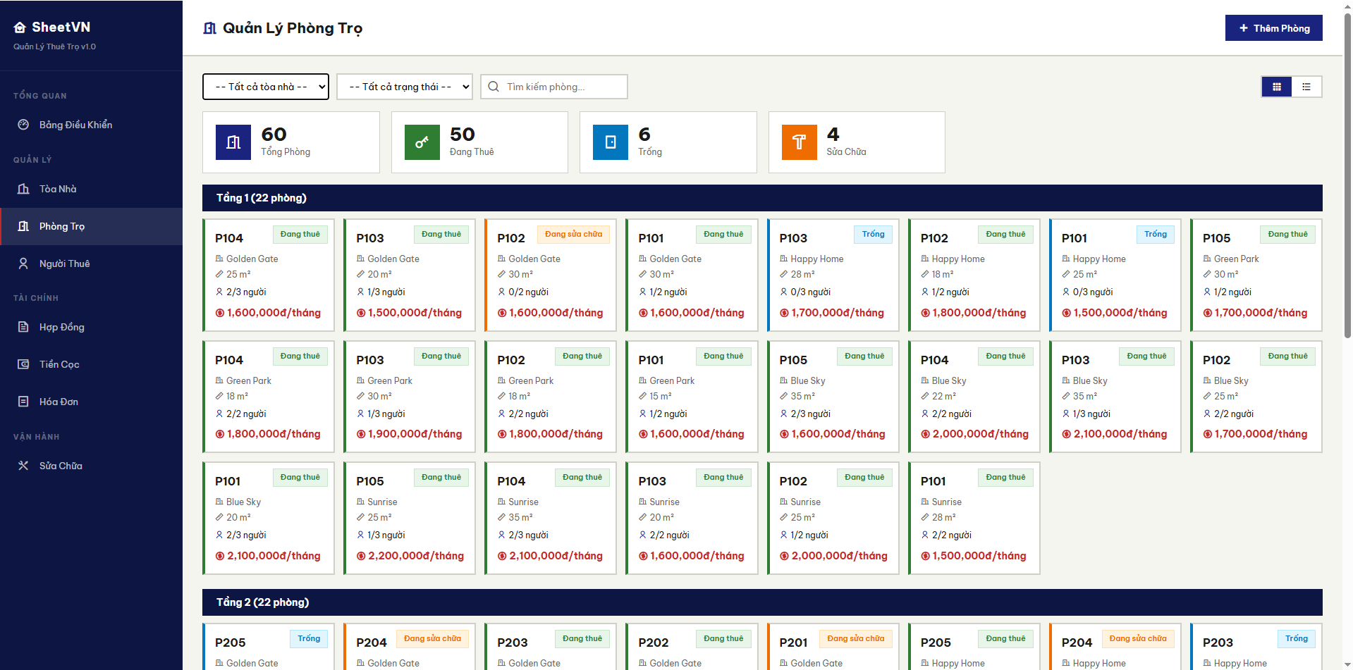 Quản lý tiền cọc SheetVN Thuê Trọ