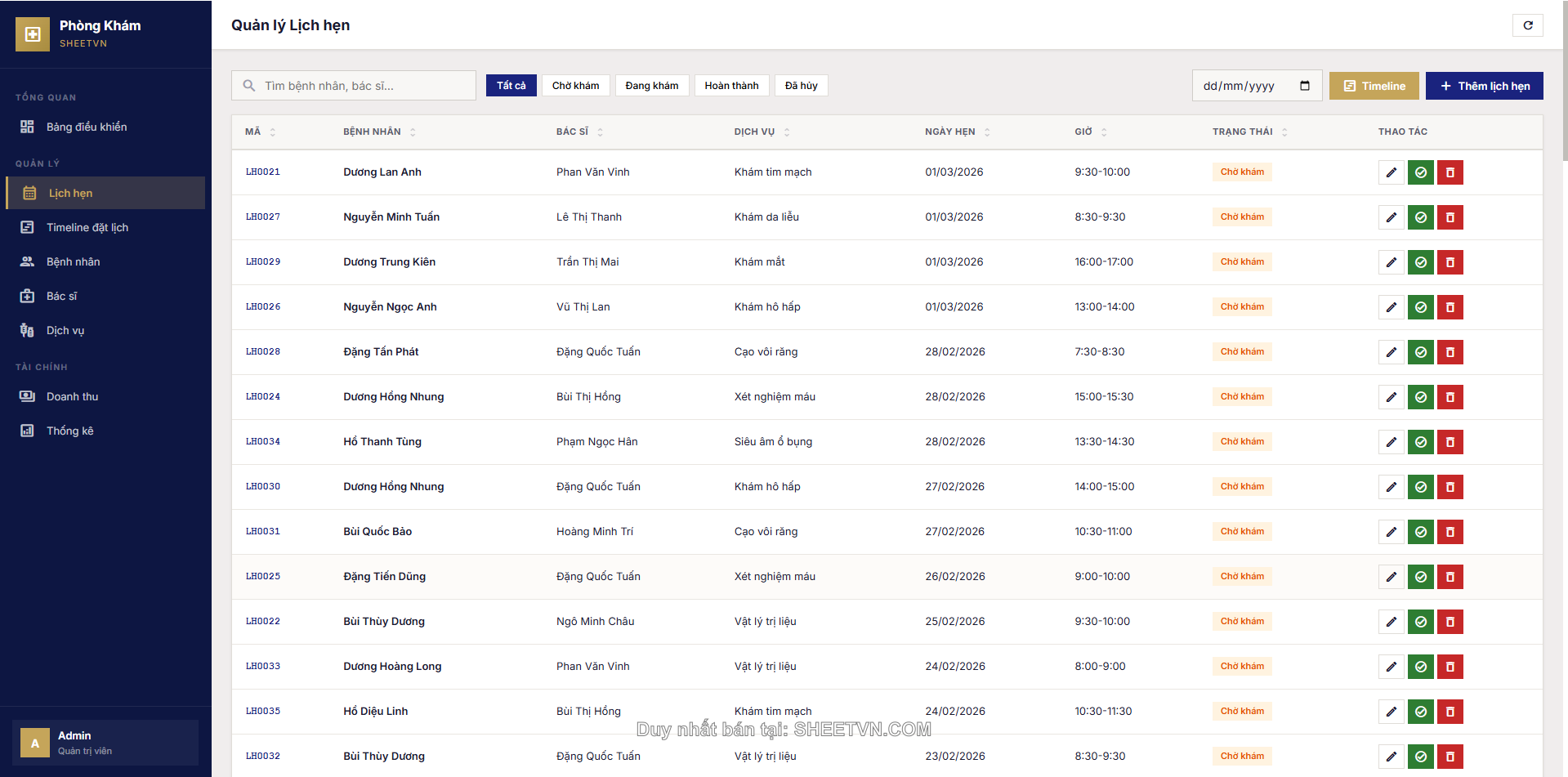 Quản lý lịch hẹn SheetVN Phòng Khám