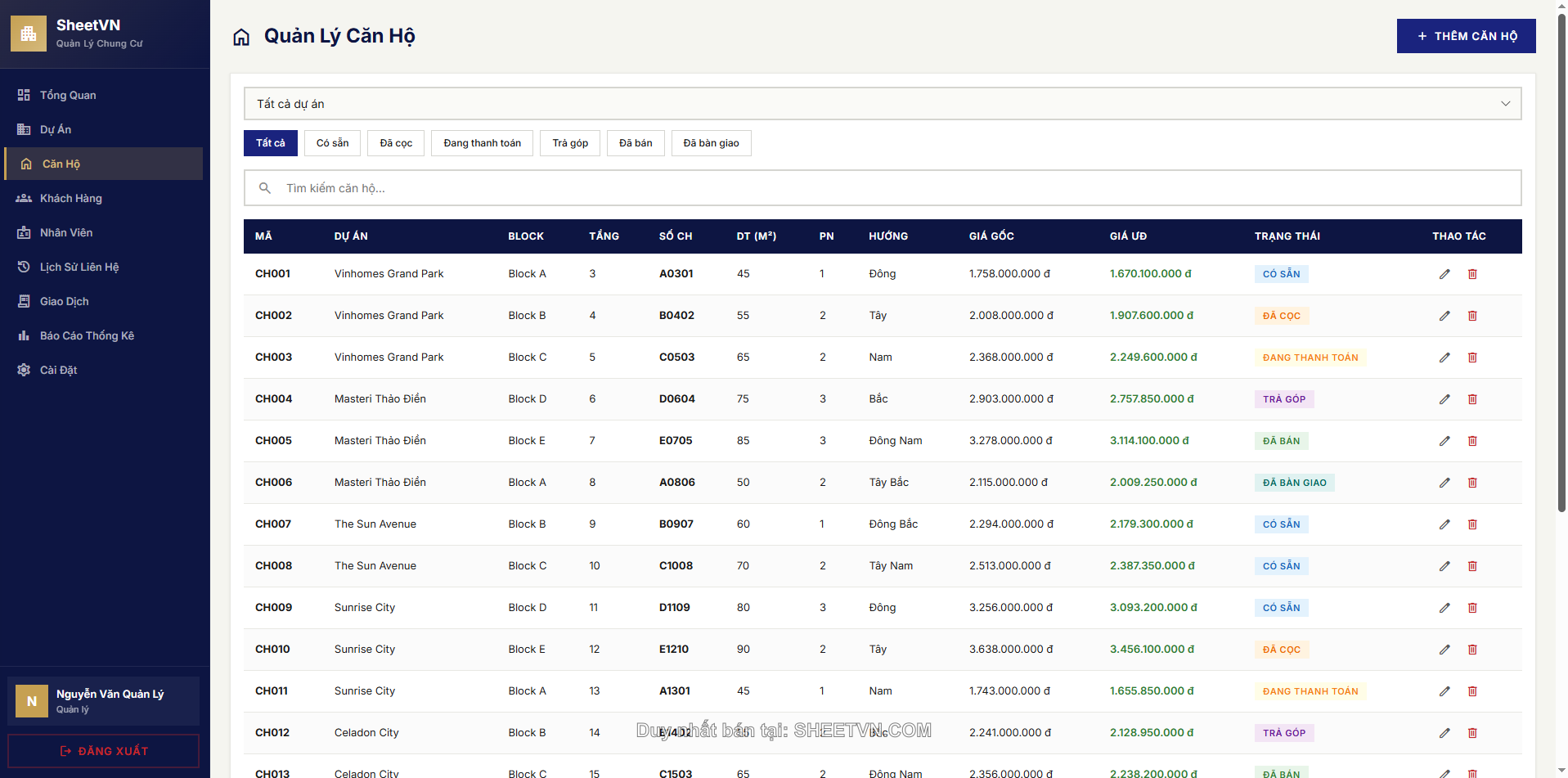 Quản lý khách hàng trong SheetVN Quản Lý Chung Cư
